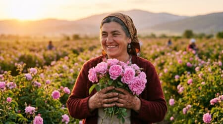 Cueilleuse tenant des roses fraîches à l'aube