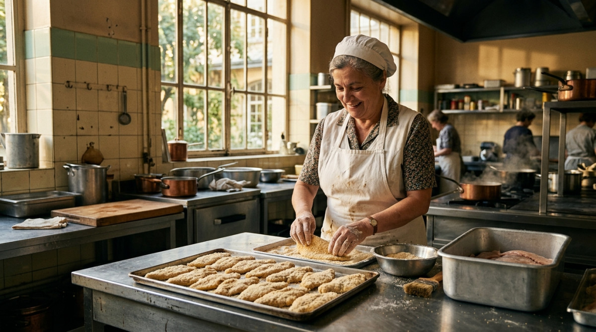 Cuisinière de cantine préparant du poisson pané