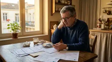 Retraité inquiet consultant ses documents de pension à table