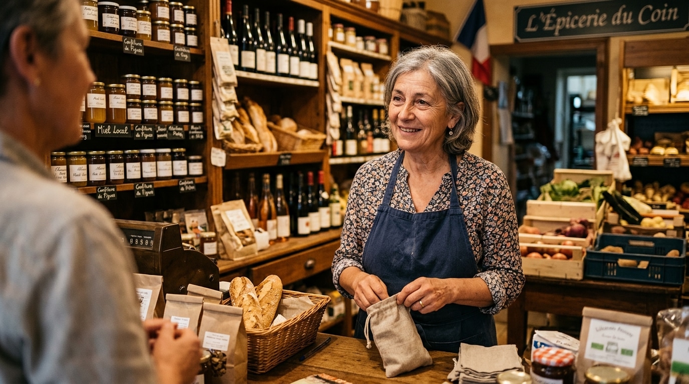 Retraitée souriante travaillant derrière un comptoir de magasin