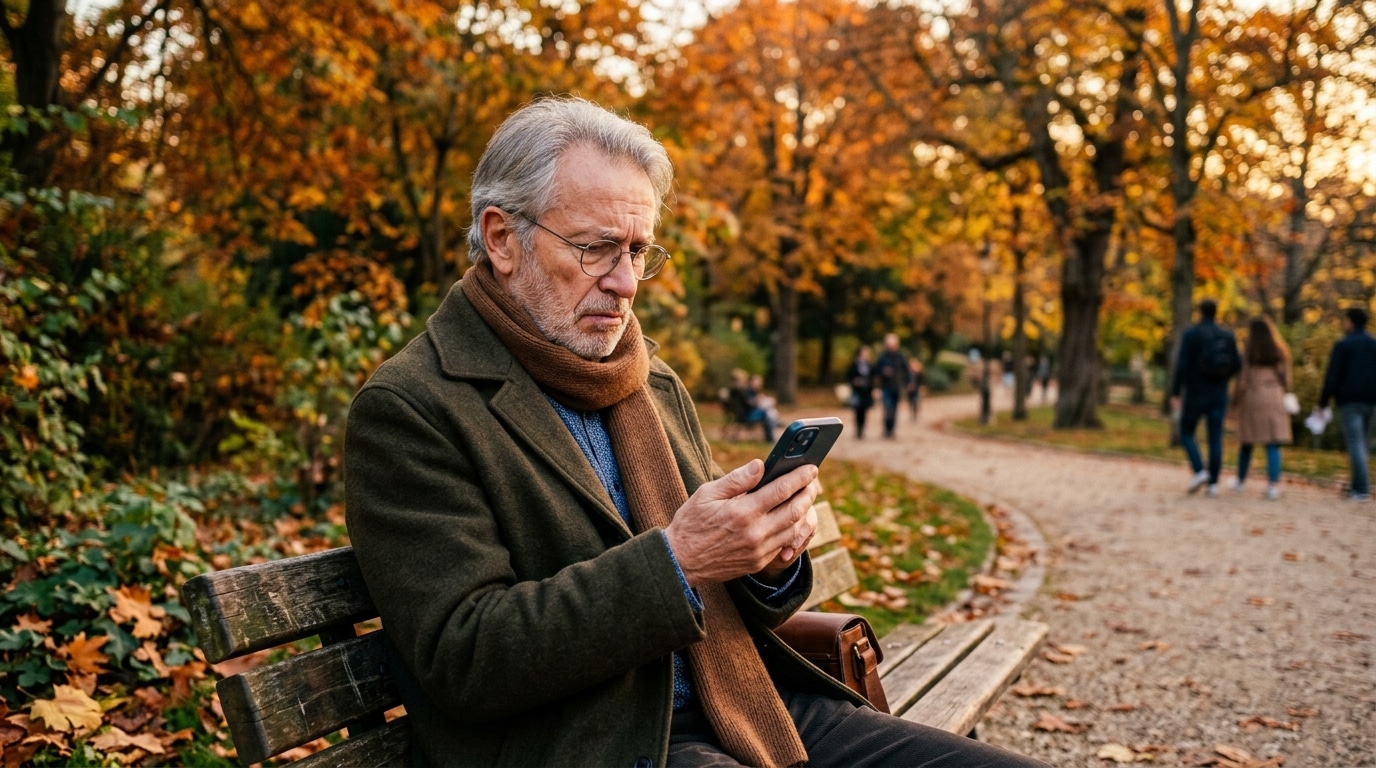 Retraité consultant son smartphone sur un banc de parc
