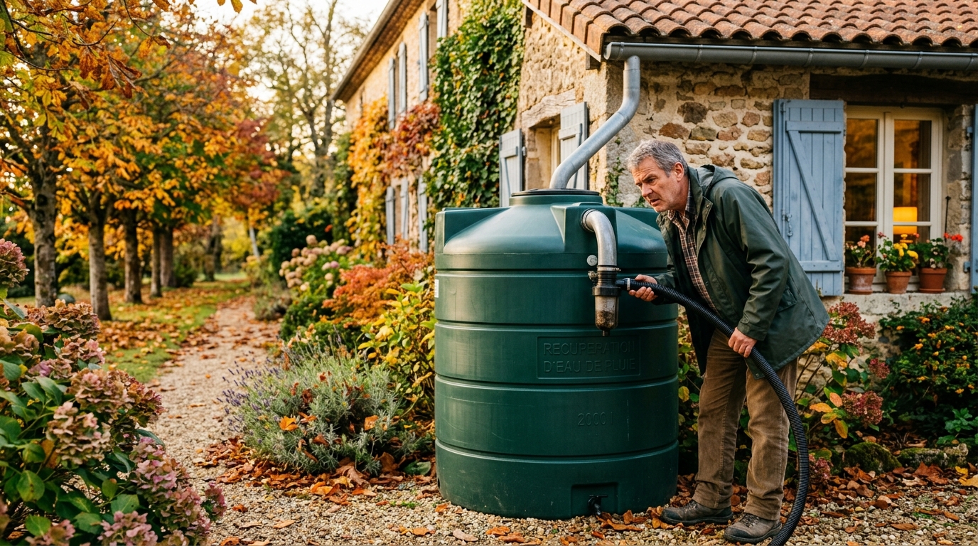 Homme inspectant sa cuve de récupération d'eau de pluie