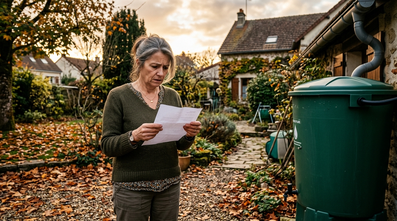Personne inquiète lisant un courrier près de sa cuve d'eau