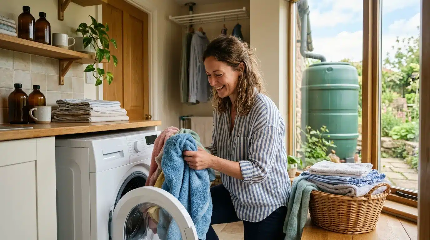 Femme sort son linge propre de la machine à laver