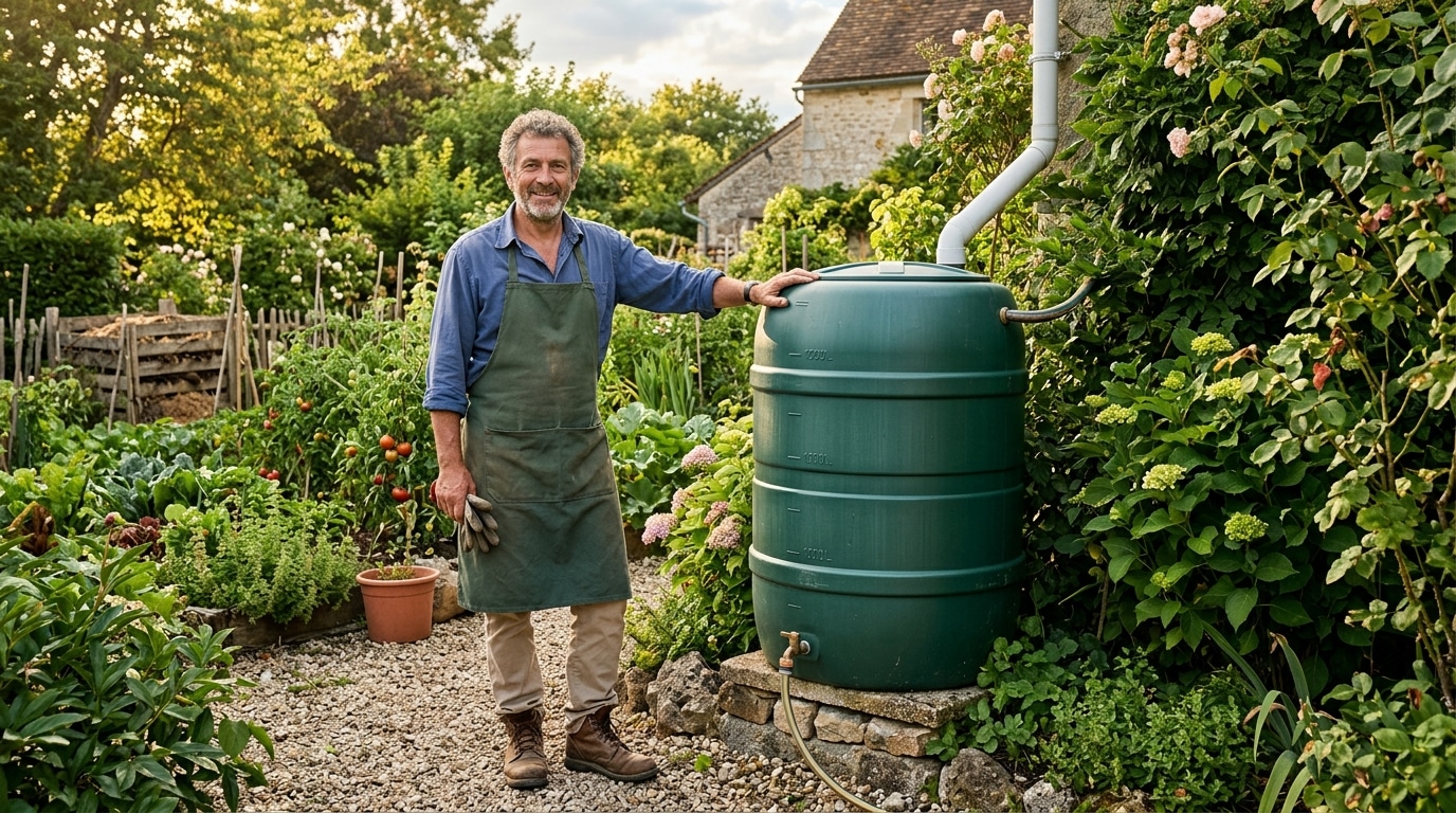 Homme souriant près de sa cuve d'eau de pluie dans le jardin