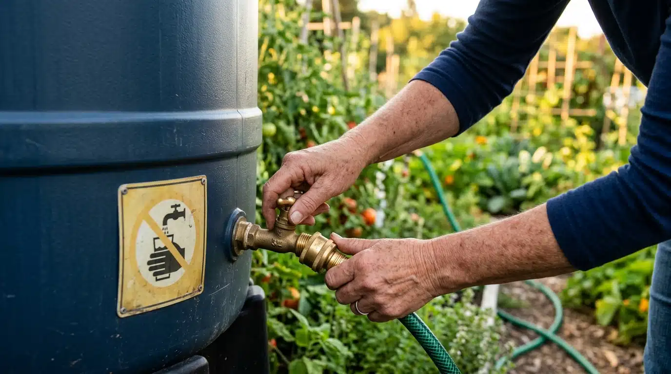 Installation d'un raccord sur une cuve de récupération d'eau