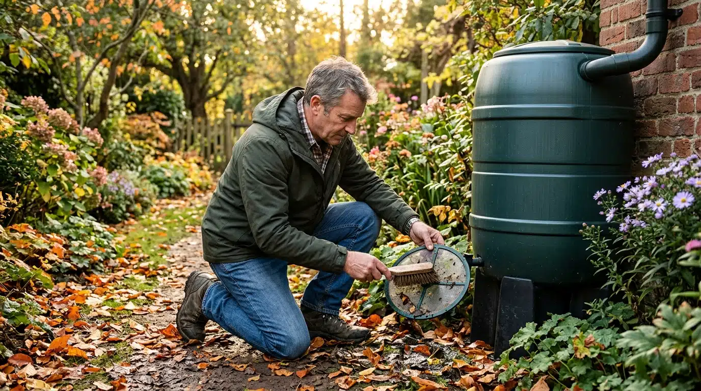 Homme nettoyant le filtre d'une cuve d'eau de pluie