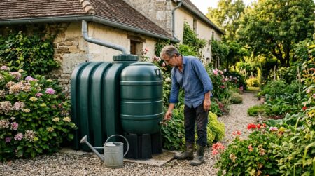 Homme vérifiant sa cuve de récupération d'eau de pluie au jardin