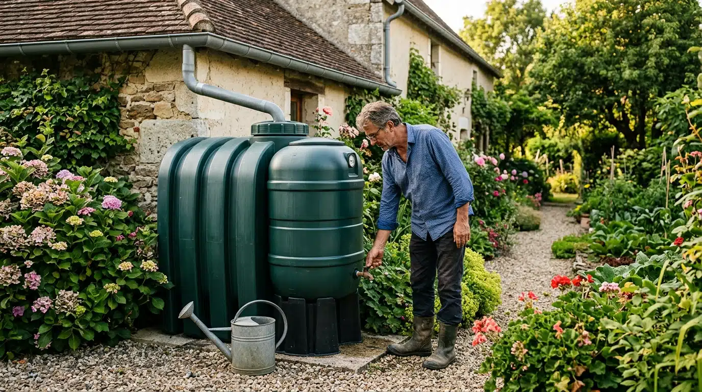 Homme vérifiant sa cuve de récupération d'eau de pluie au jardin