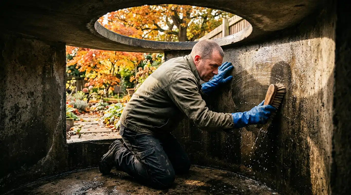 Nettoyage de l'intérieur d'une cuve d'eau de pluie vide
