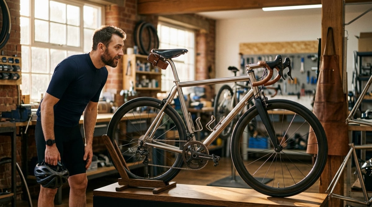 Cycliste admirant un vélo artisanal haut de gamme