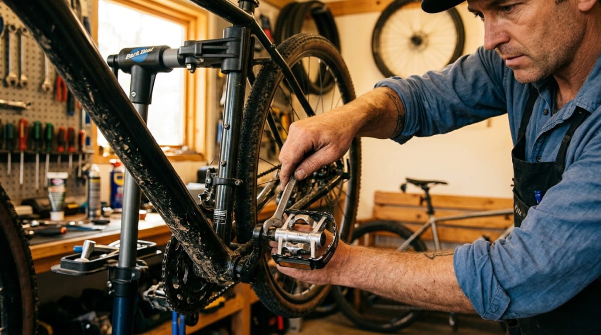 Cycliste resserrant une pédale de vélo avec une clé