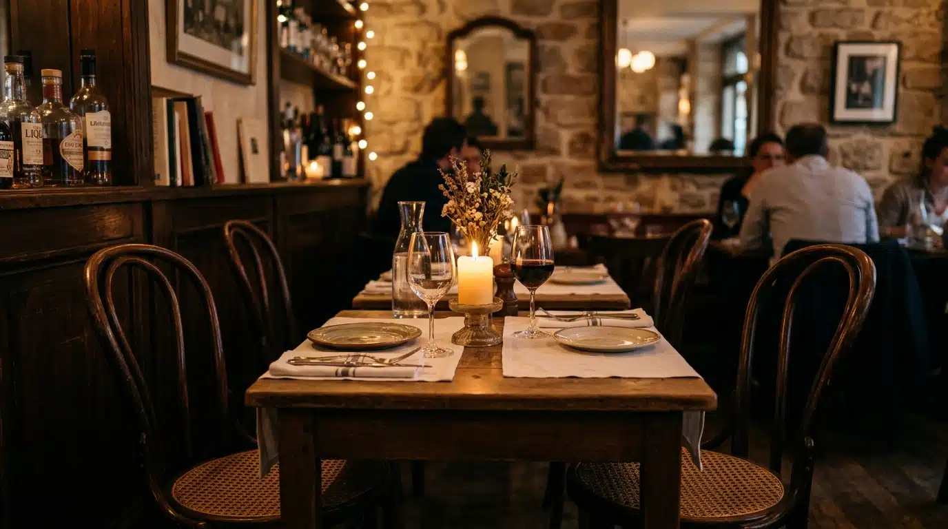 Table de restaurant intime avec éclairage tamisé et chandelle