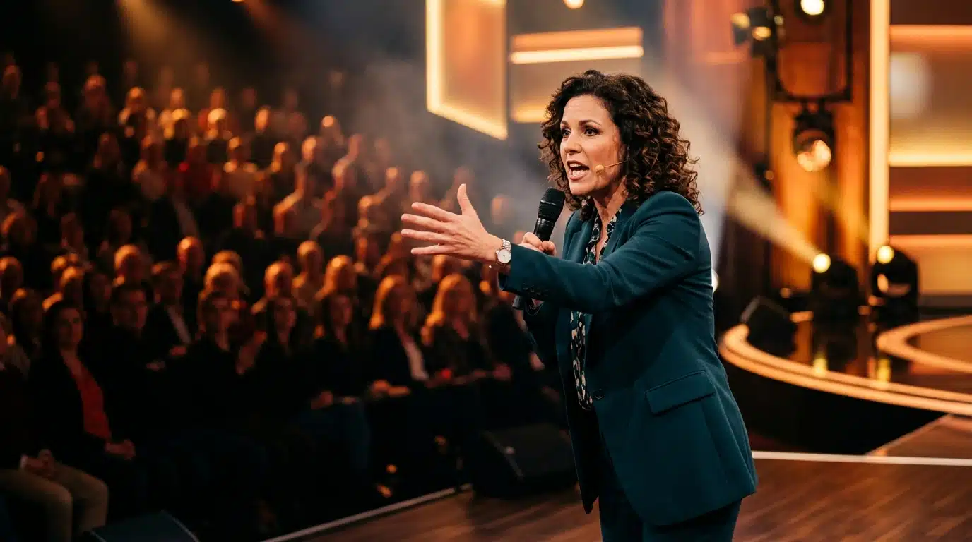 Animateur télé gesticulant sur un plateau lumineux et chaleureux