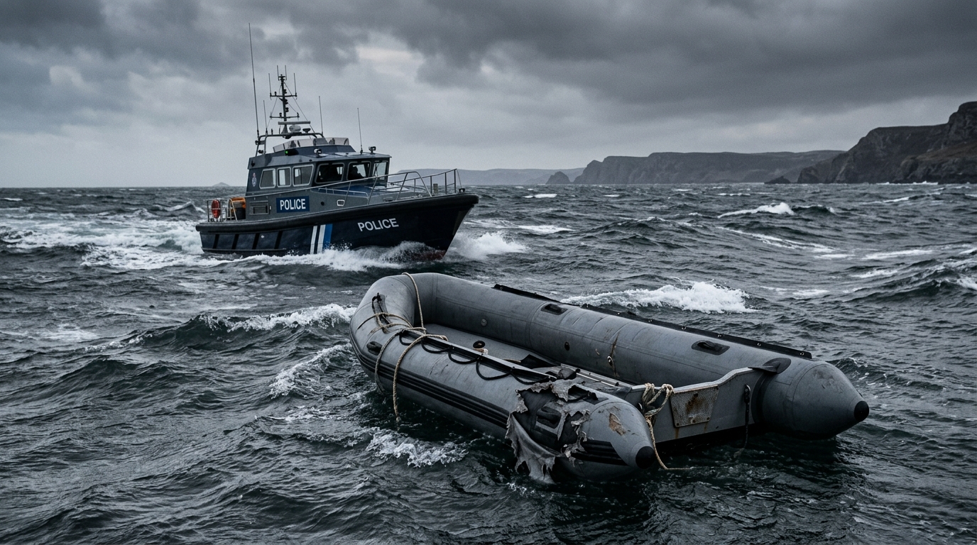 Bateau de police s'approchant d'un canot crevé