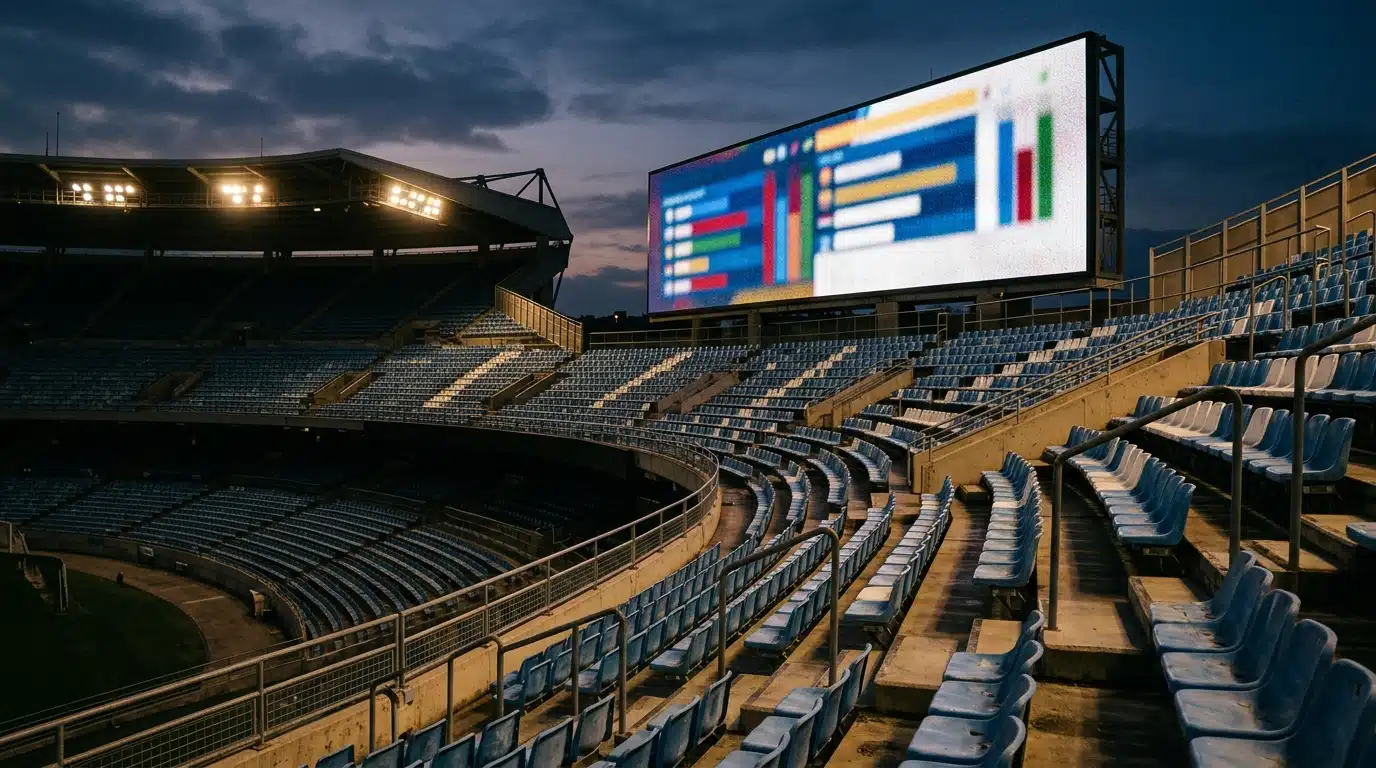 Tribunes de stade vides sous projecteurs le soir