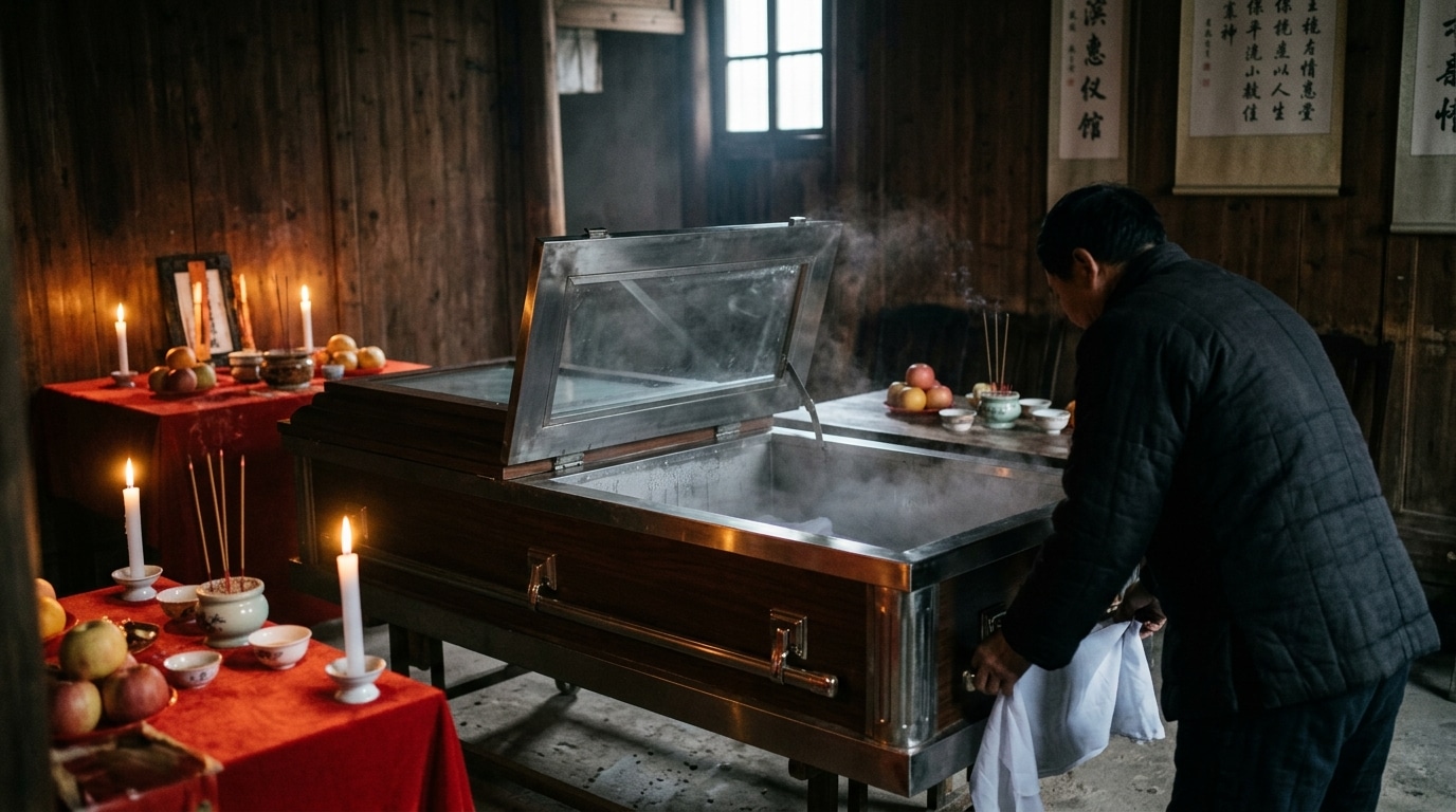 Cercueil réfrigéré entrouvert dans une pièce funéraire chinoise