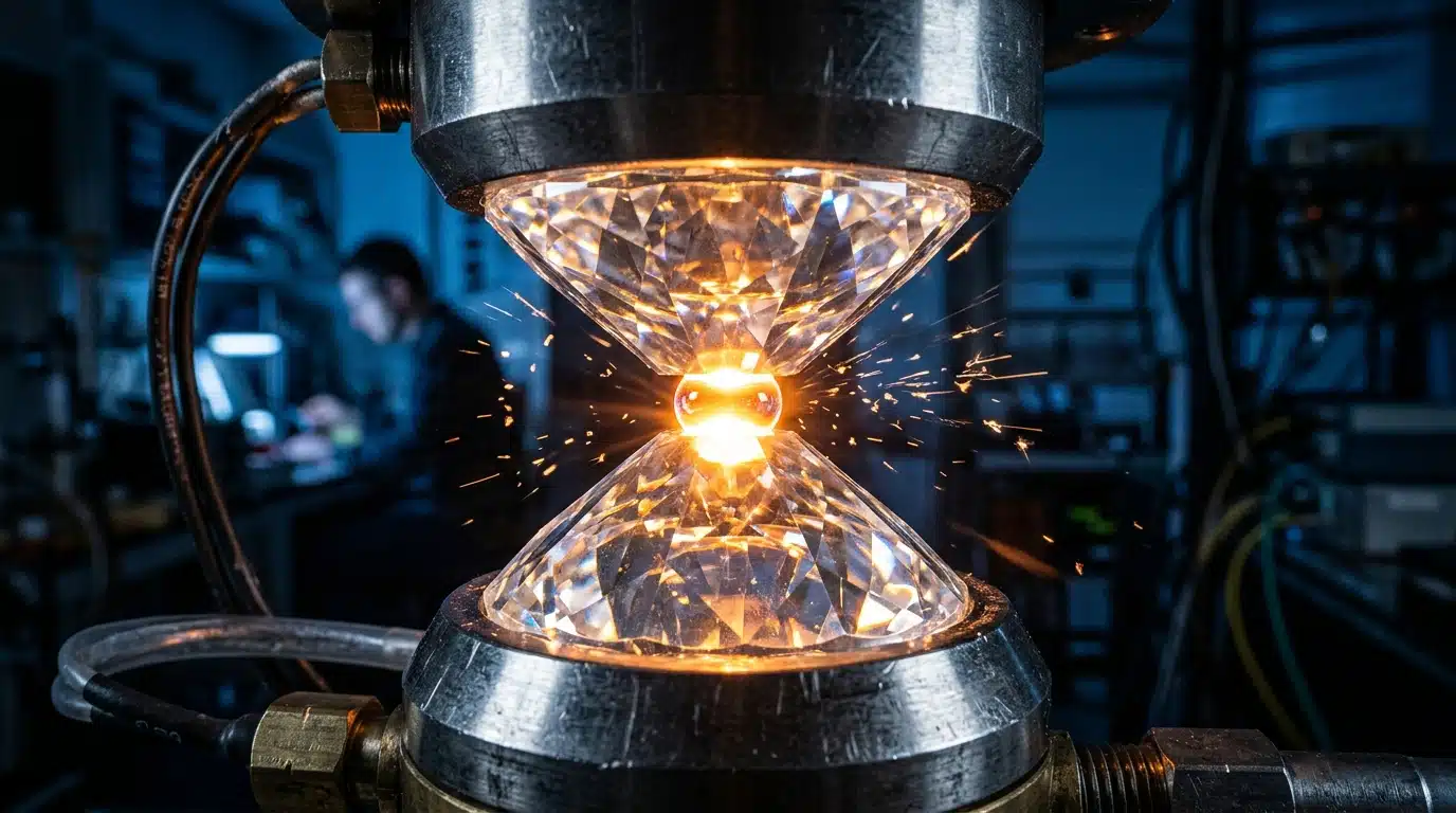 Pointe de diamant compressant une goutte d'eau chauffée