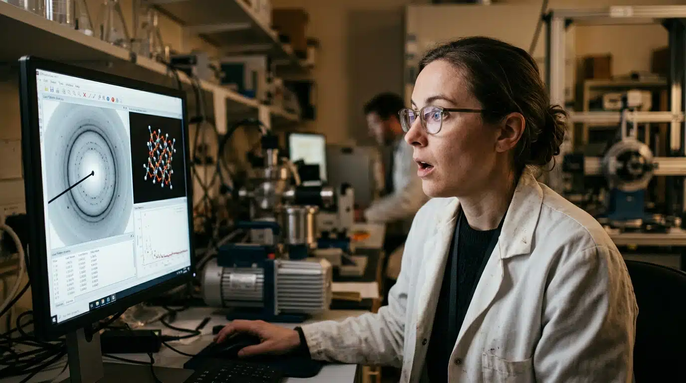 Scientifique fasciné devant des données de cristal