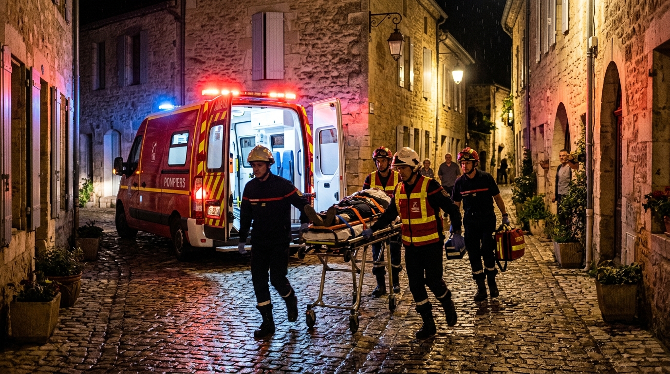 Ambulance intervenant en urgence dans un village français