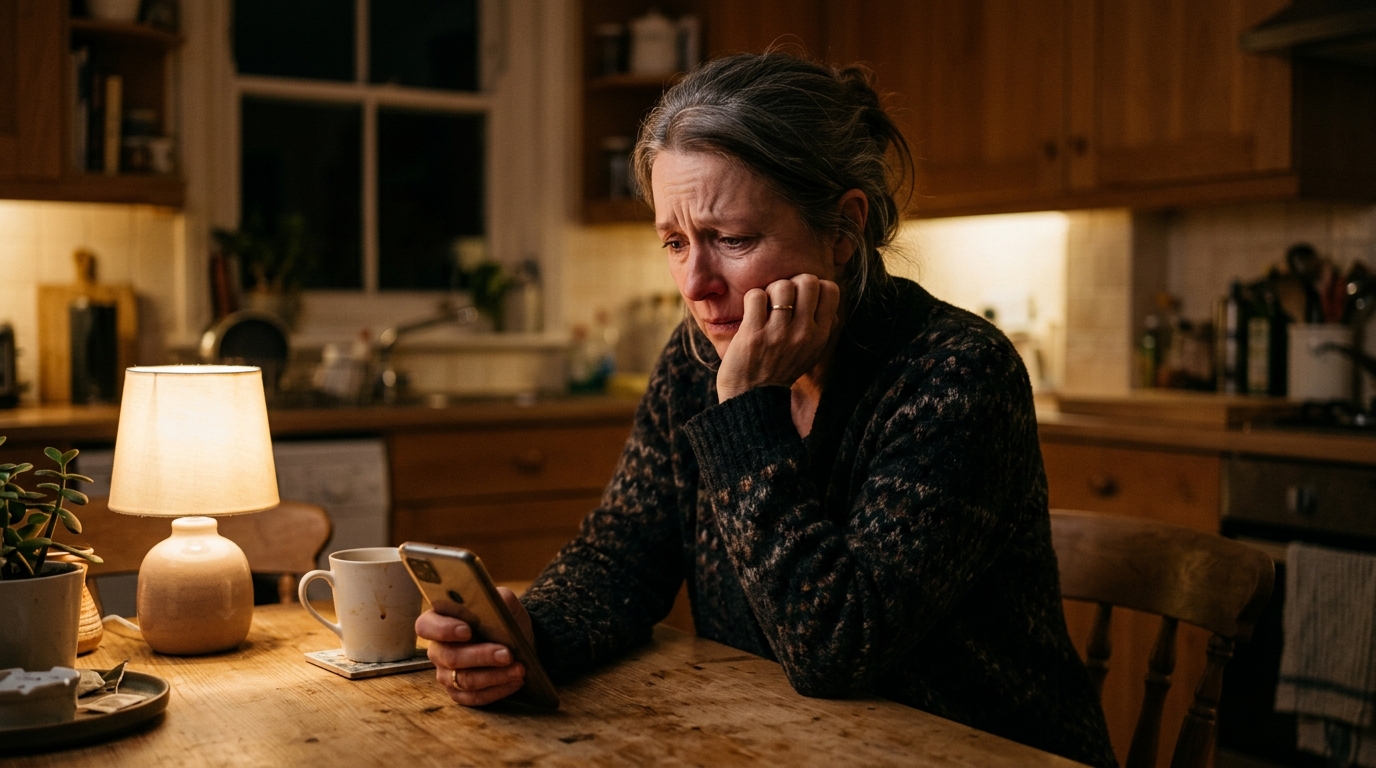 Une mère inquiète consultant son téléphone à la maison