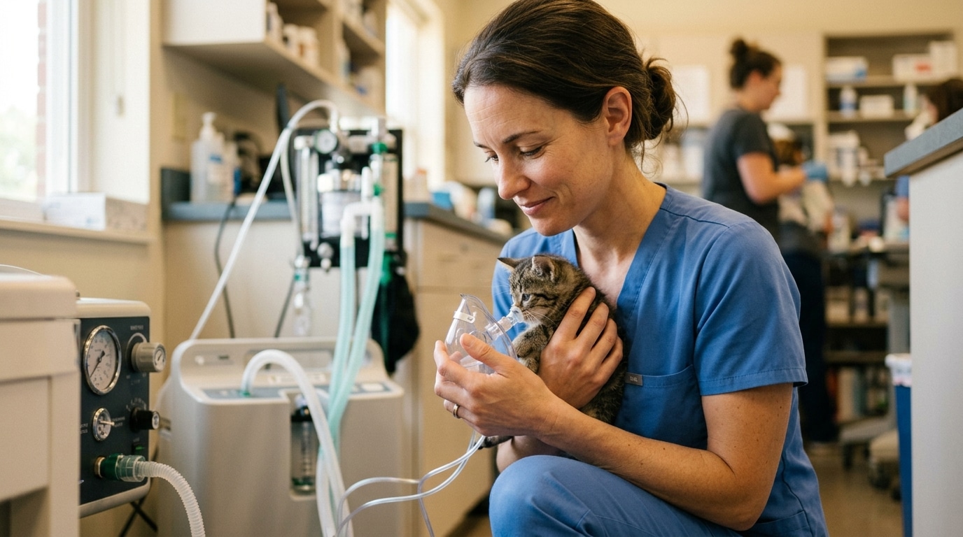 Vétérinaire tenant un chaton près d'un masque à oxygène