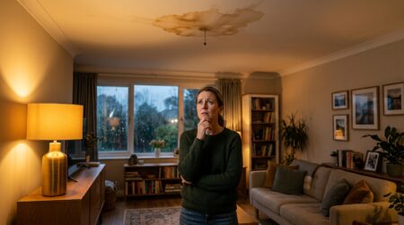 Femme regardant une tache d'humidité au plafond