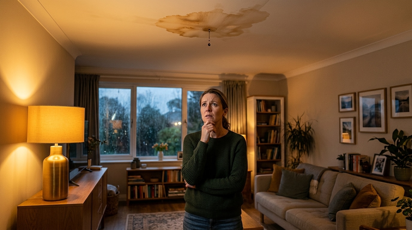 Femme regardant une tache d'humidité au plafond