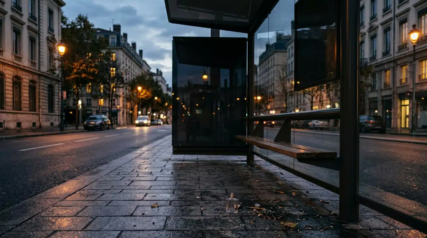 Arrêt de bus vide avec flacon de parfum au sol