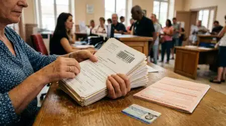 Documents administratifs et formulaire sur un guichet de mairie