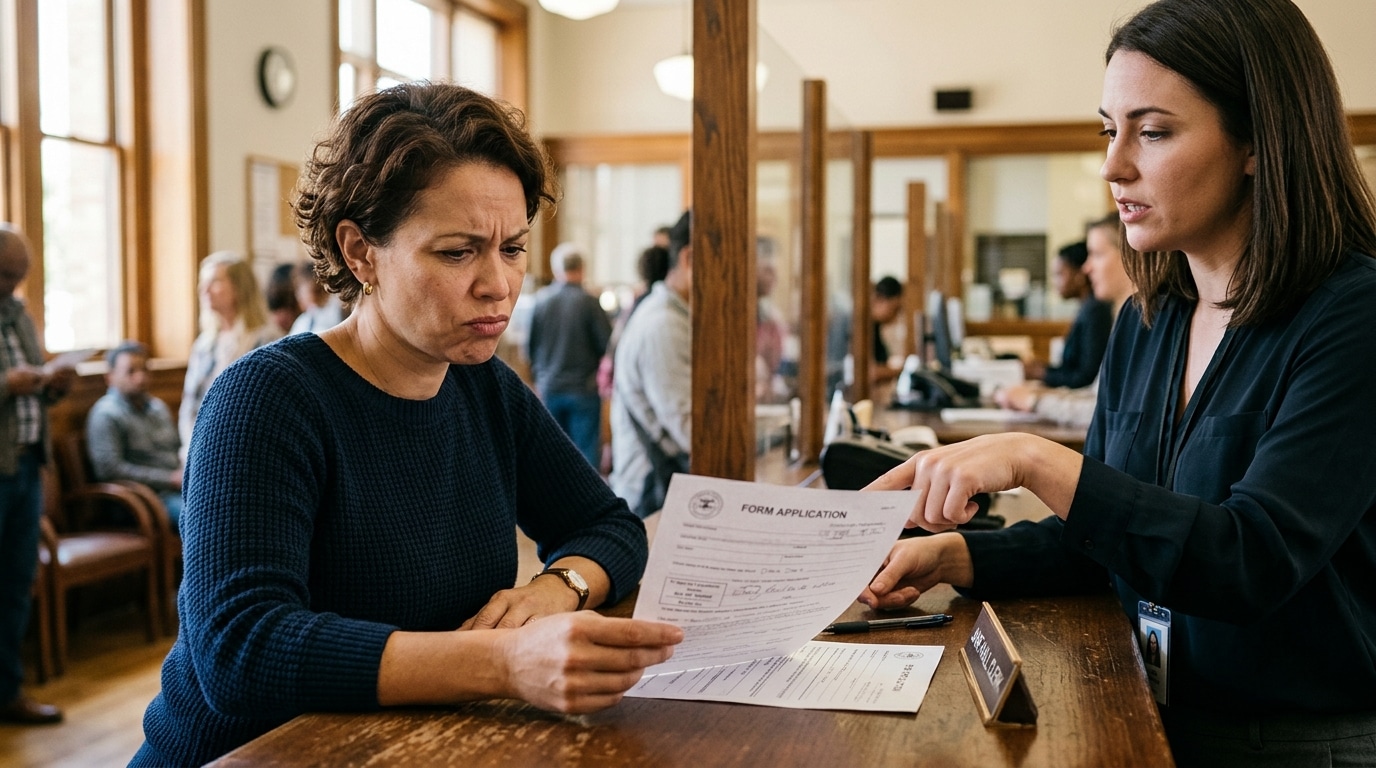 Personne frustrée au guichet après un refus de document