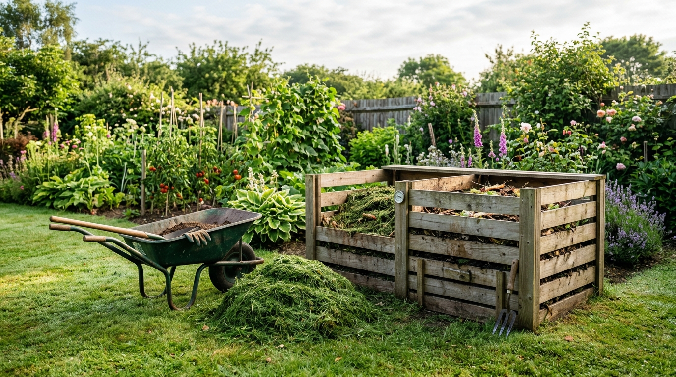 Bac à compost domestique avec tontes fraîches dans un jardin