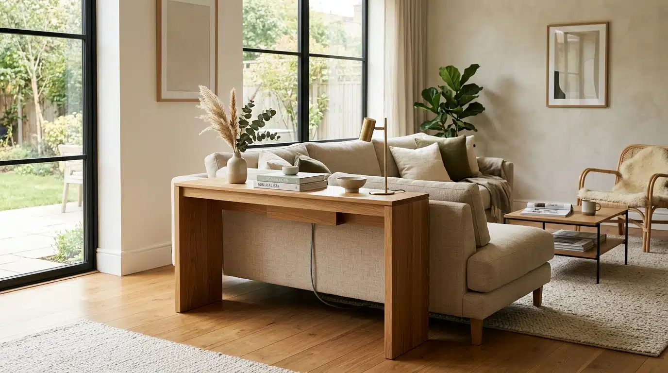 Console en bois derrière un canapé beige moderne