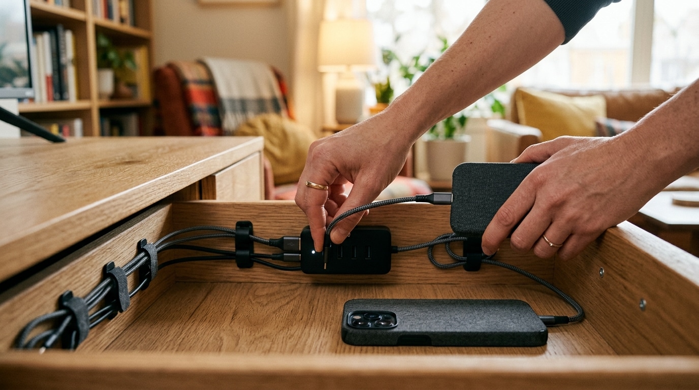 Chargeur de smartphone dissimulé dans un tiroir de console