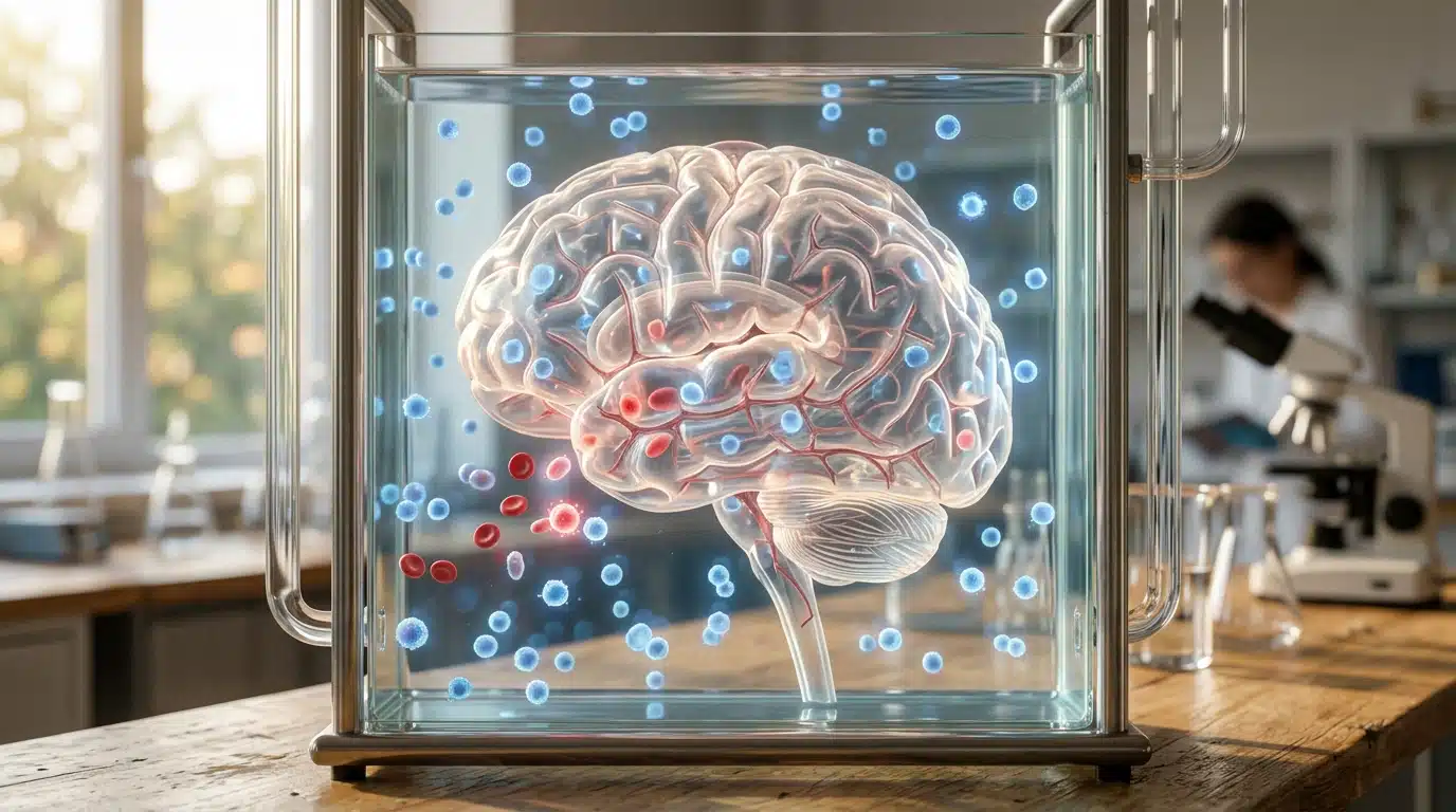 Modèle de cerveau translucide avec cellules lumineuses bleues et rouges