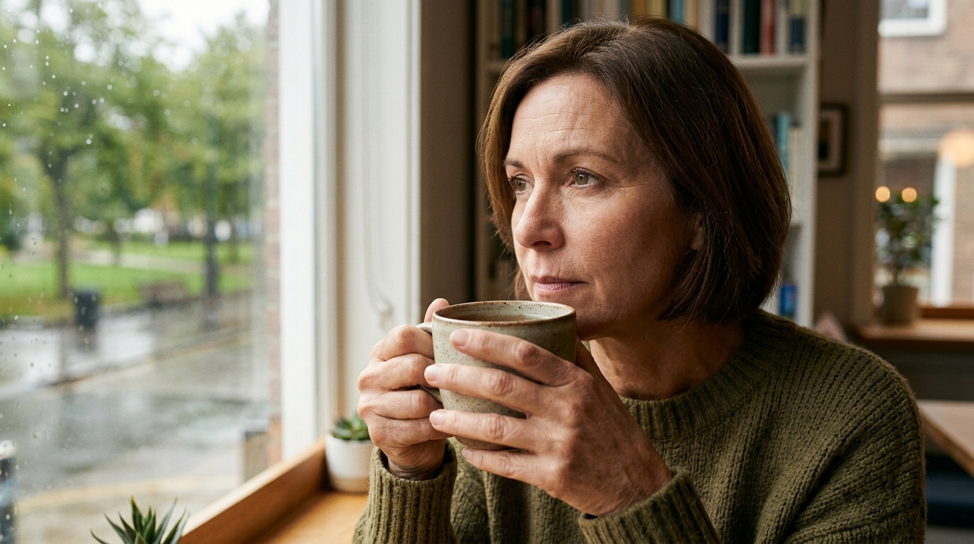 Quinquagénaire pensif assis près d'une fenêtre avec une tasse