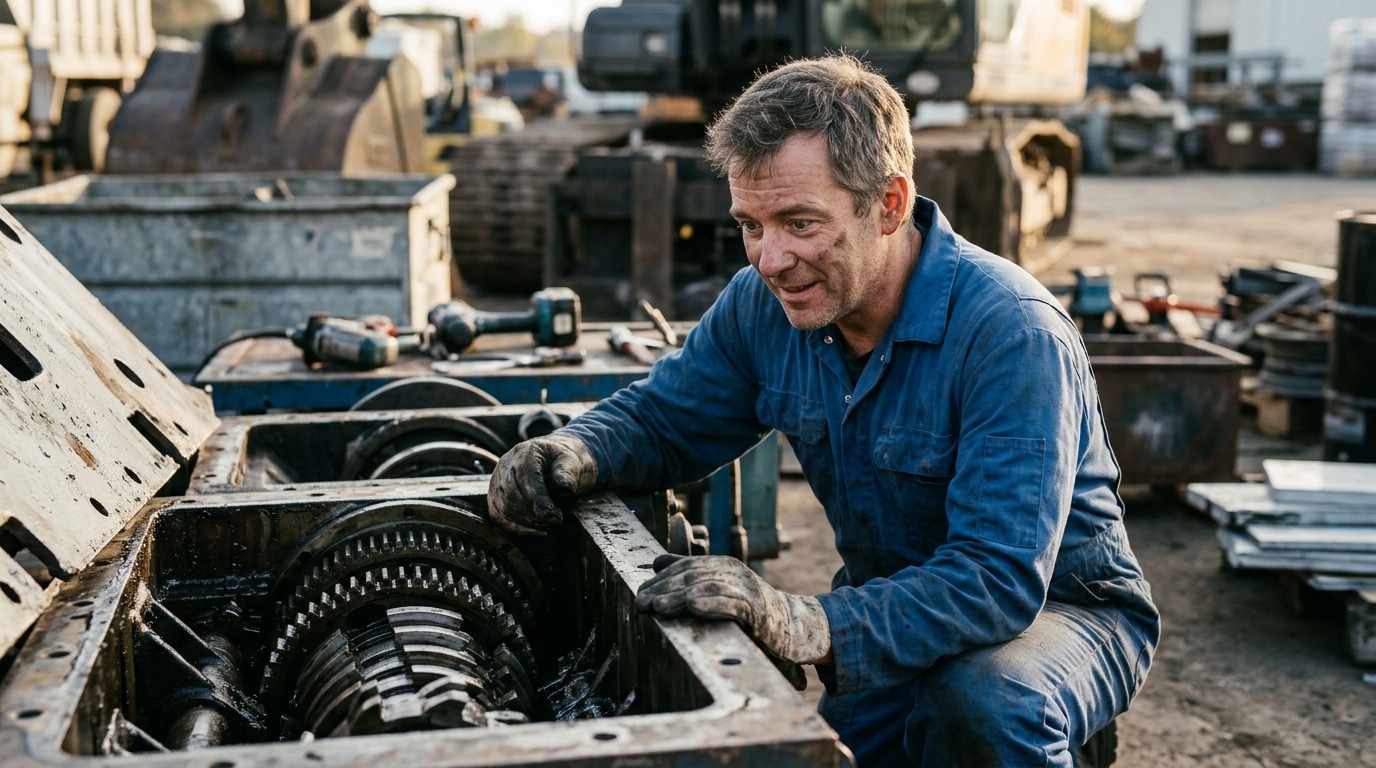 Ouvrier ému penché sur un broyeur industriel ouvert