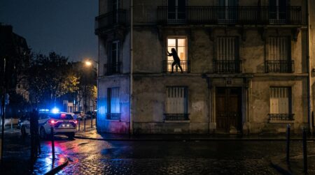 Immeuble de nuit avec fenêtre éclairée et gyrophares
