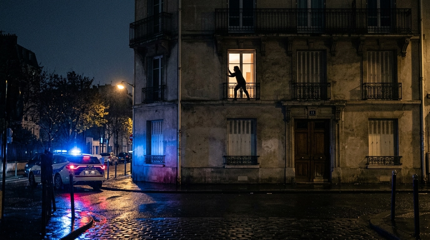 Immeuble de nuit avec fenêtre éclairée et gyrophares