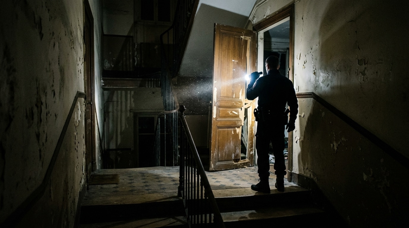 Porte d'appartement forcée dans un couloir sombre