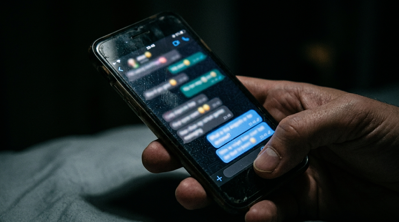 Smartphone flou affichant une conversation dans le noir