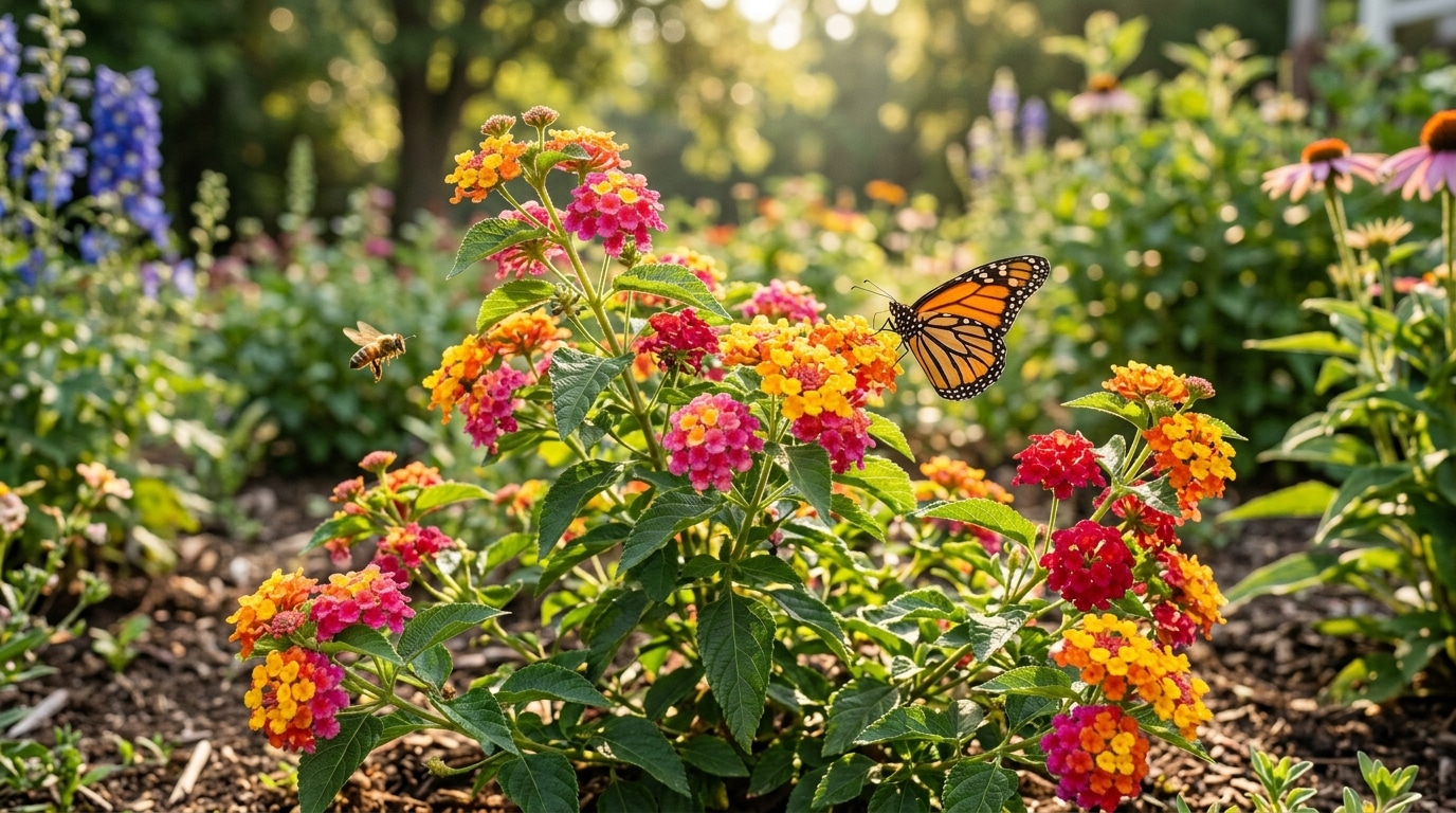 Massif de lantana multicolore avec papillon et abeille