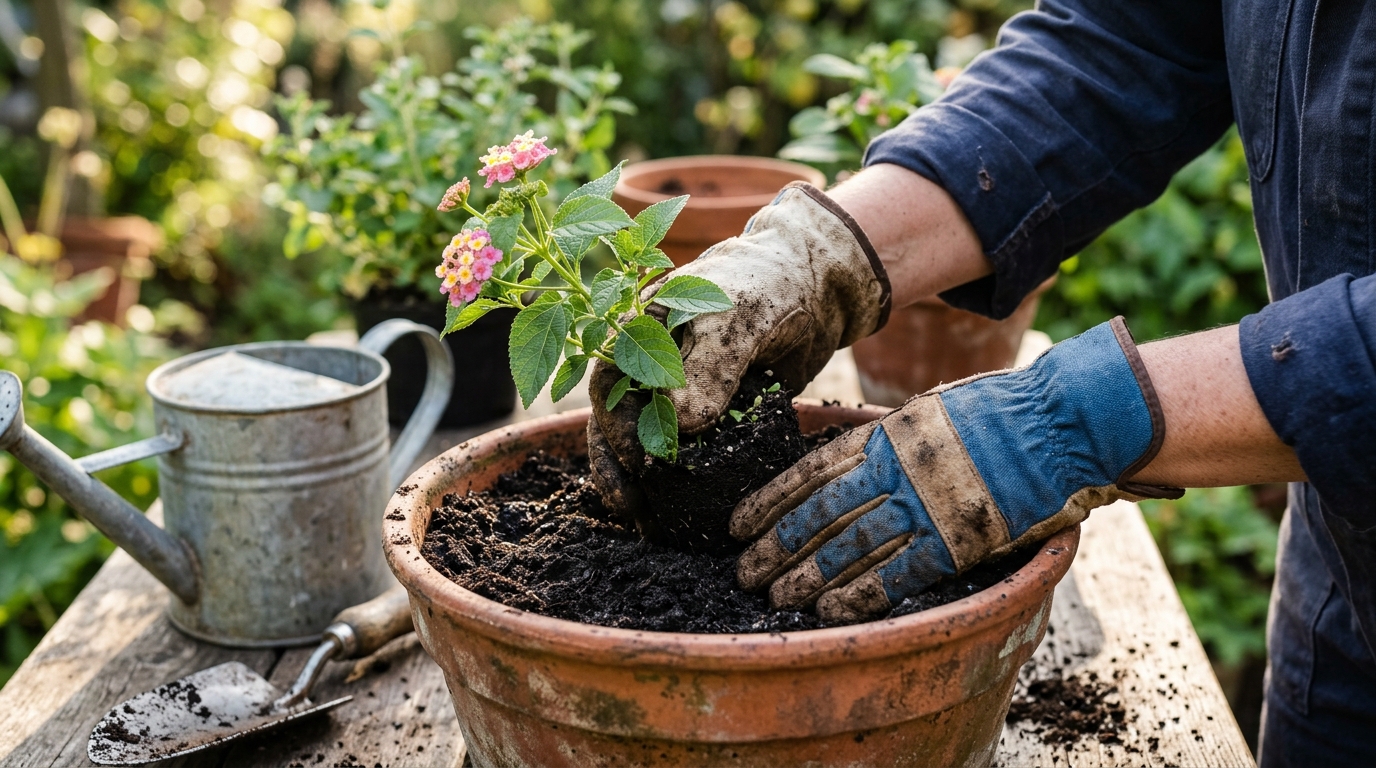 Mains gantées plantant un jeune plant de lantana