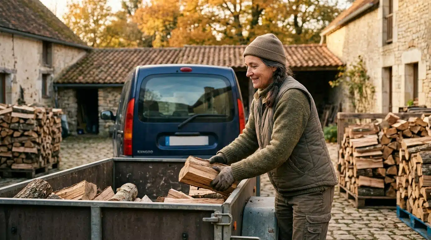 Personne chargeant des bûches de bois dans une remorque