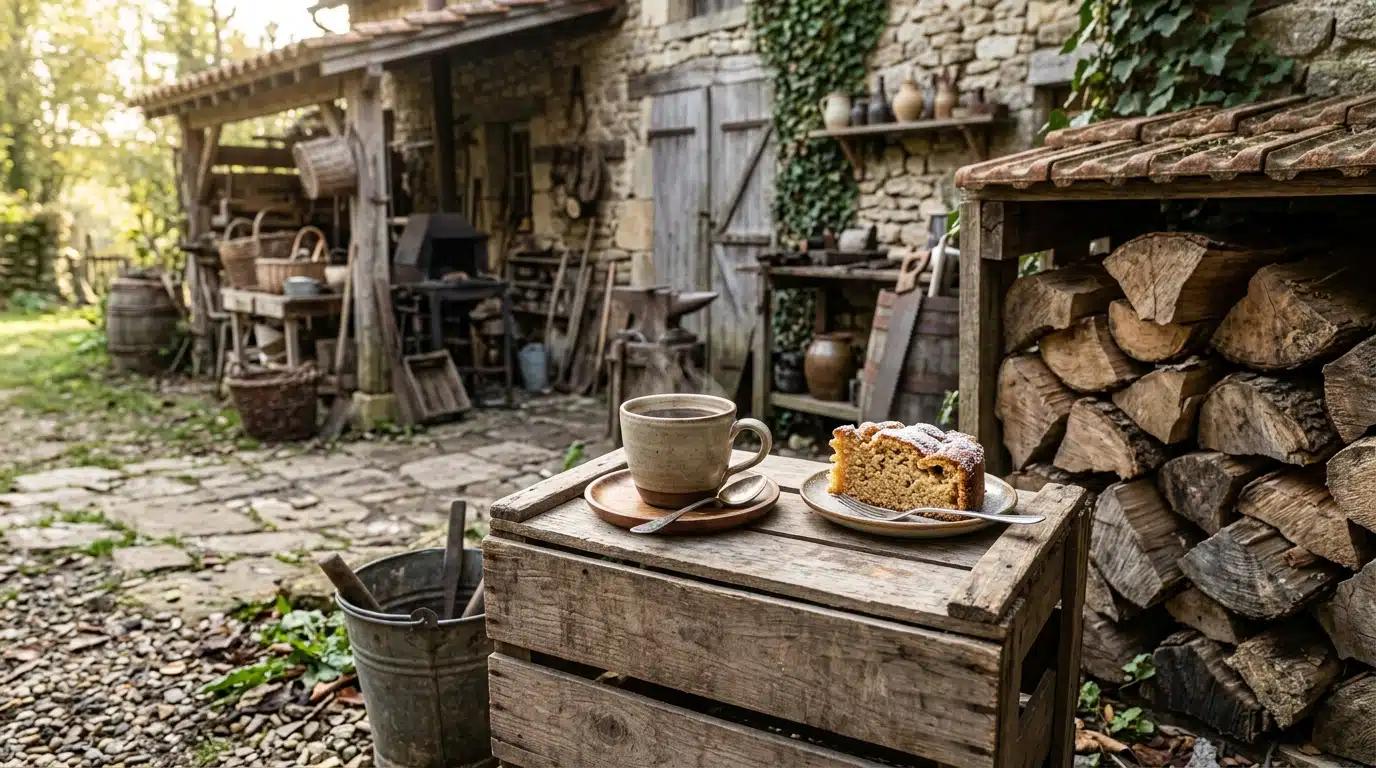 Café et gâteau posés près de bois empilé