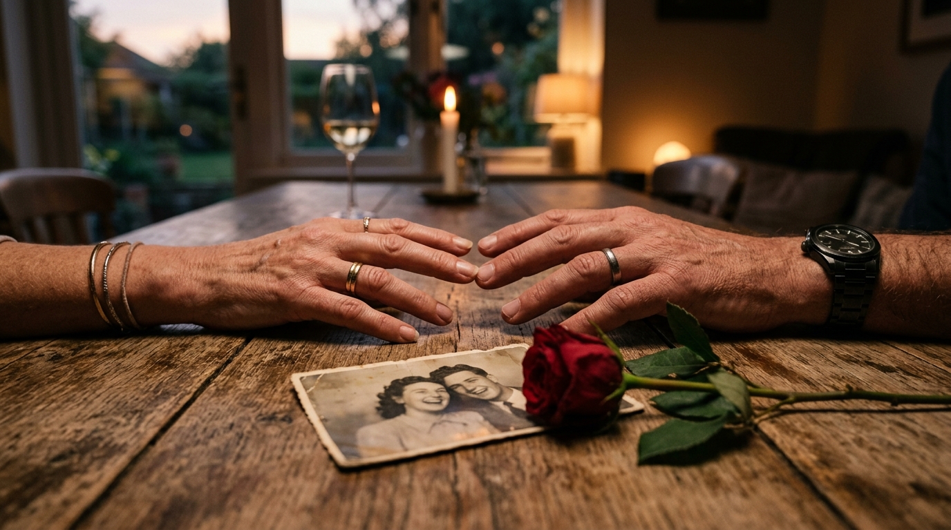 Mains proches sur une table avec photo et rose