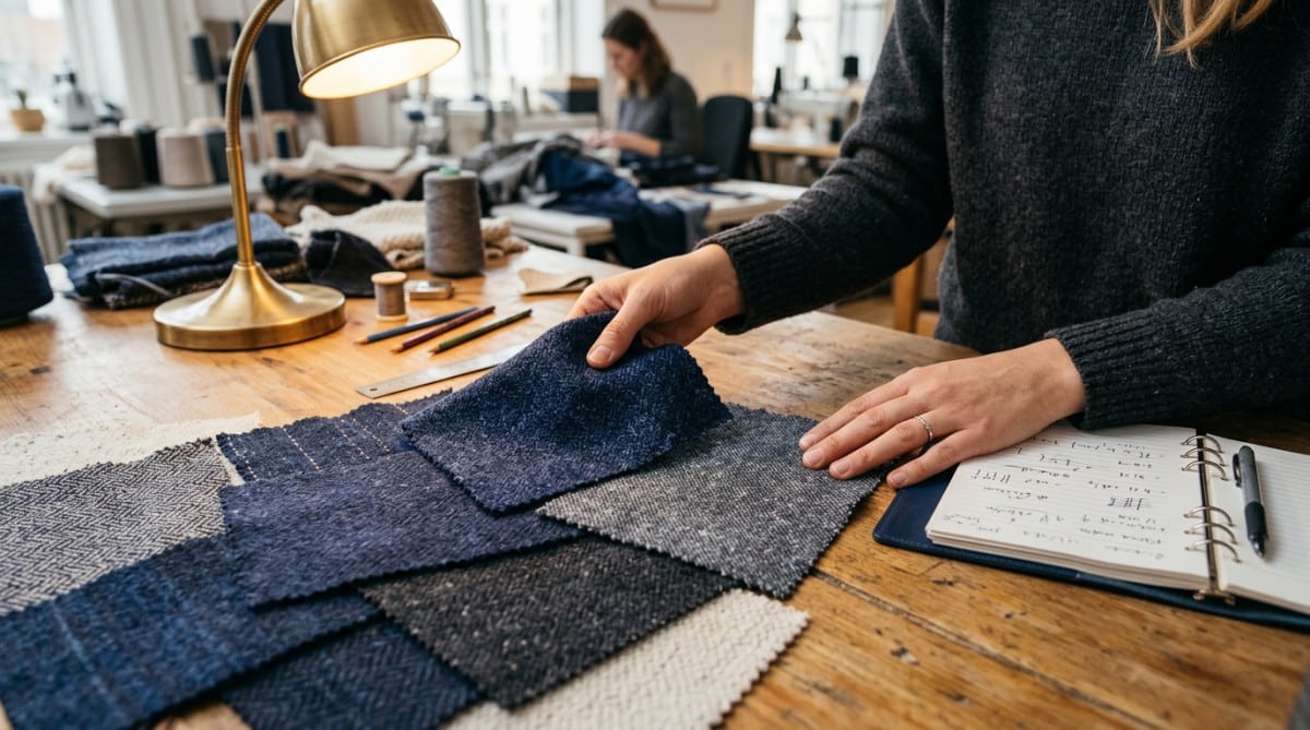 Designer comparant des échantillons de tissu bleu et gris