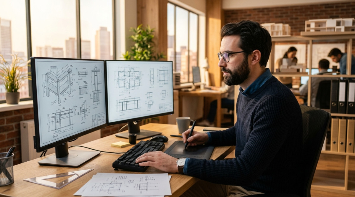Dessinateur-projeteur travaillant sur des plans de structure