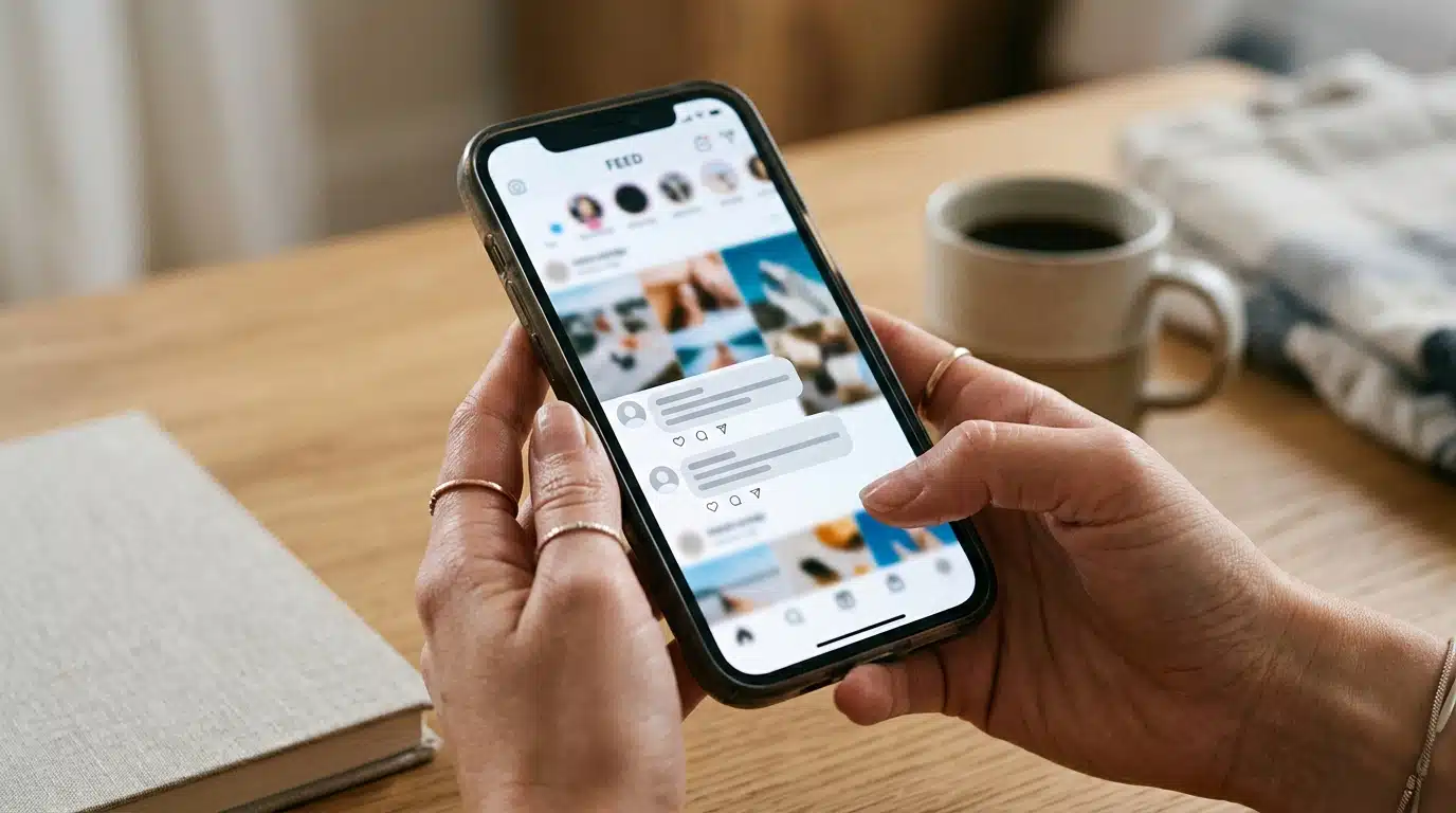 Smartphone affichant des réactions floutées sur les réseaux