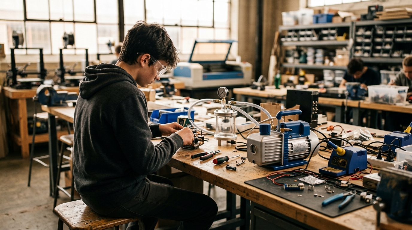 Adolescent en lunettes de protection à un établi de makerspace